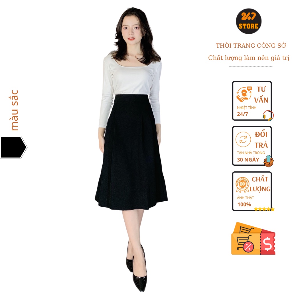 Chân Váy Công Sở Xếp Ly 2 túi Bên 247STORE (Màu Đen), Dáng Dài, Chữ A, Vải Tuyết Mưa 921