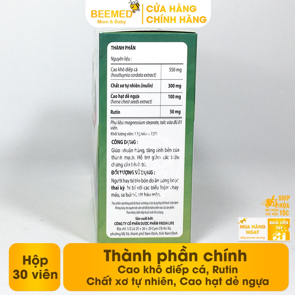 Giấp Cá Plus Viên uống - Giảm trĩ nội, trĩ ngoại từ diếp cá, chất xơ hòa tan giảm táo bón và Rutin - Hộp 30 viên