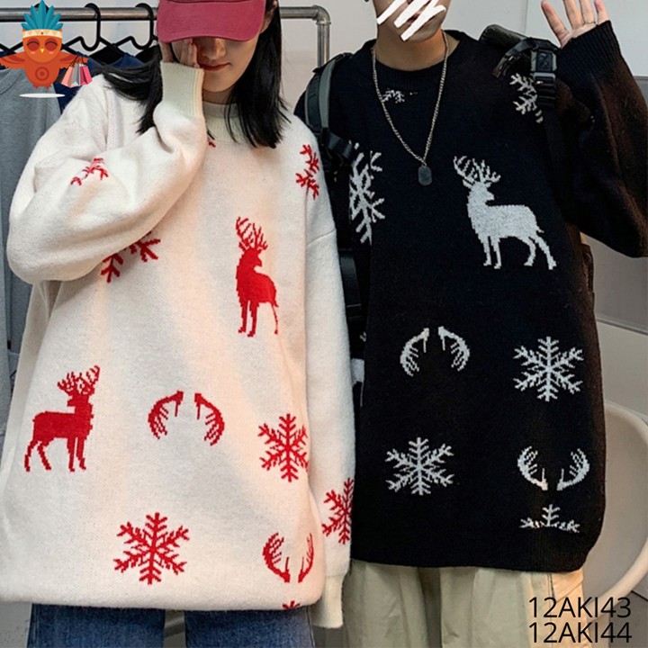 Áo len họa tiết bông tuyết và tuần lộc 3 màu đỏ, kem, đen THOCA HOUSE phong cách Hàn Quốc, phù hợp đi chơi, đi du lịch