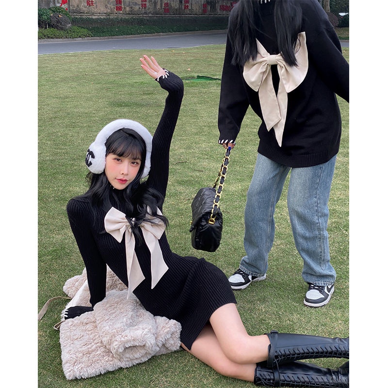 COZOK Đầm Dệt Kim Tay Dài Dáng Ôm Phối Nơ Xẻ Tà Xinh Xắn Cho Nữ