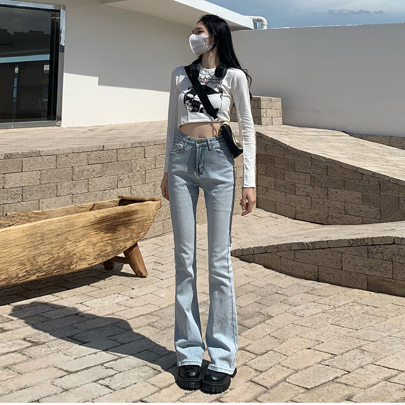 Quần jean ống loe lưng cao dáng ôm phong cách retro mới cho nữ 2021