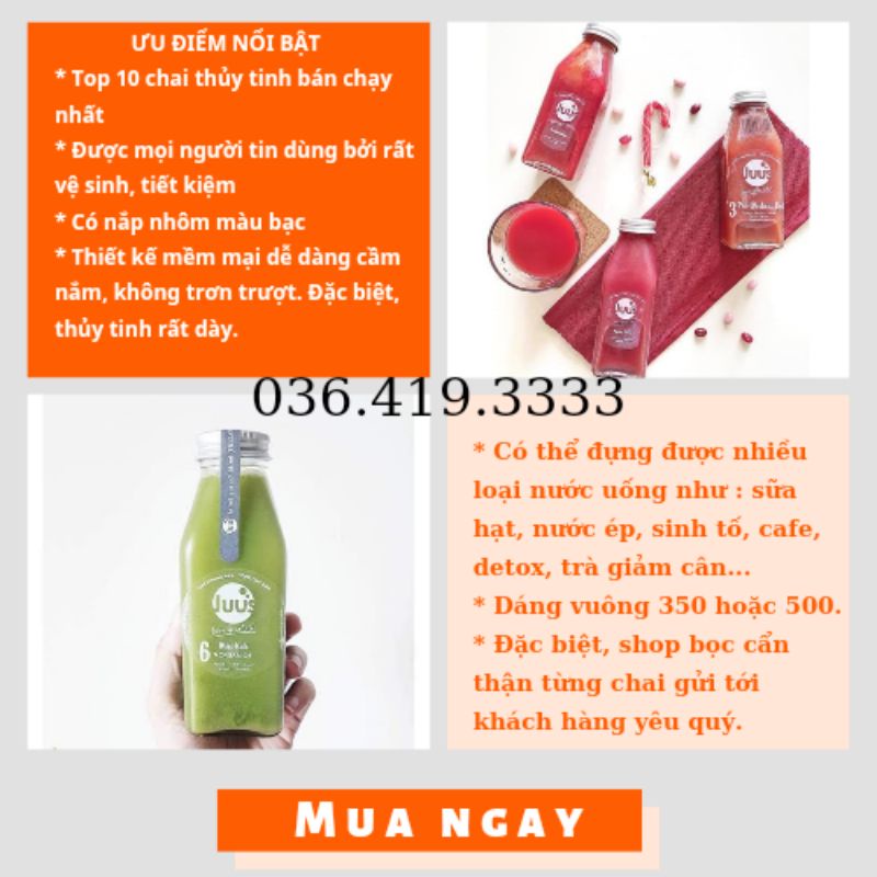 Chai Thủy Tinh Vuông 350ml Nắp Vặn Màu Bạc