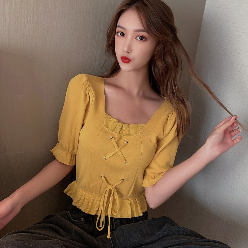 Áo Dệt Kim Tay Ngắn Cổ Chữ U Màu Trơn Đơn Giản Dễ Phối Đồ Cho Nữ