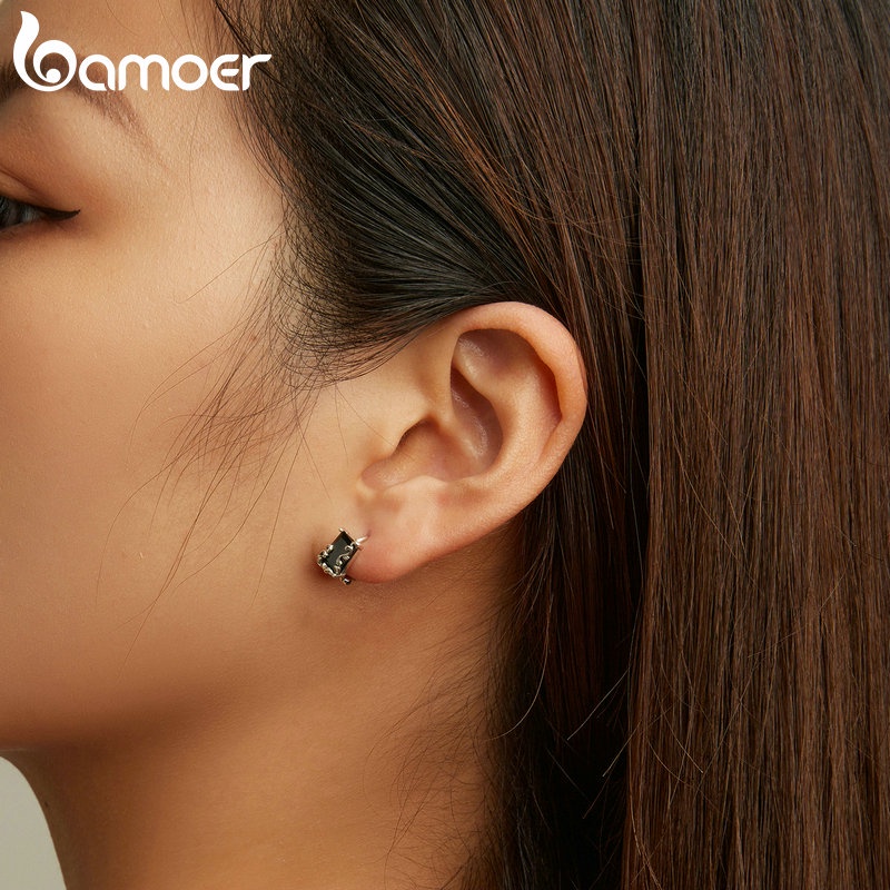 Bông tai BAMOER SCE1497 bạc 925 đính đá zircon màu đen thời trang cho nam và nữ