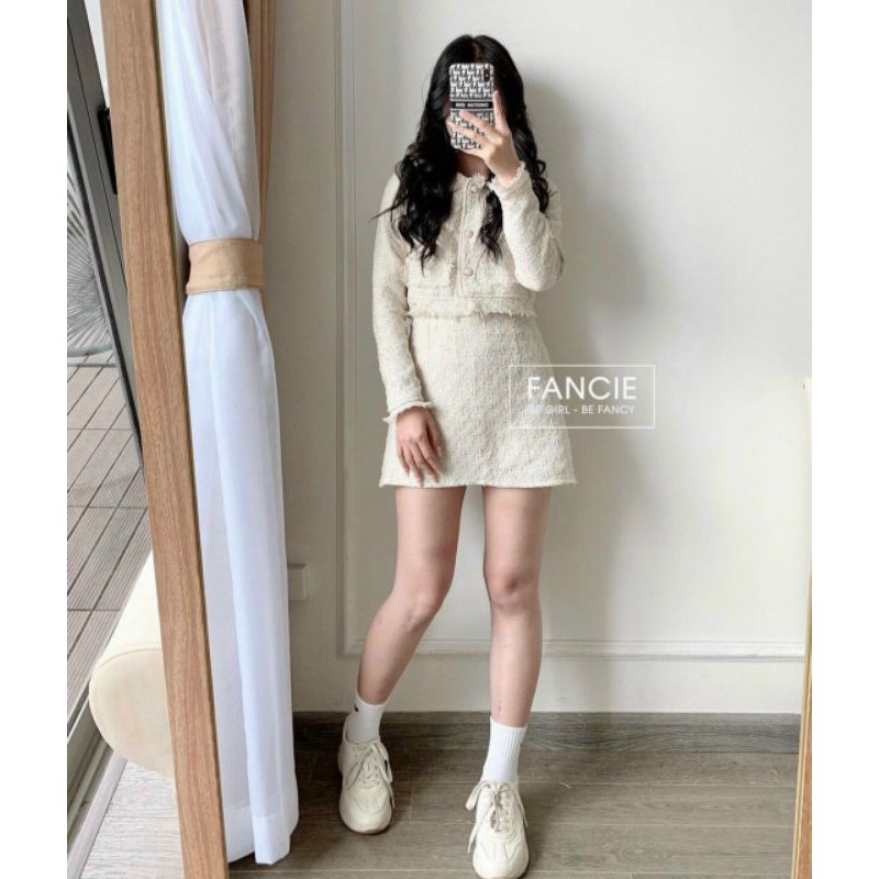 Set dạ tweed nude tay dài siêu xinh kèm ảnh thật MS123