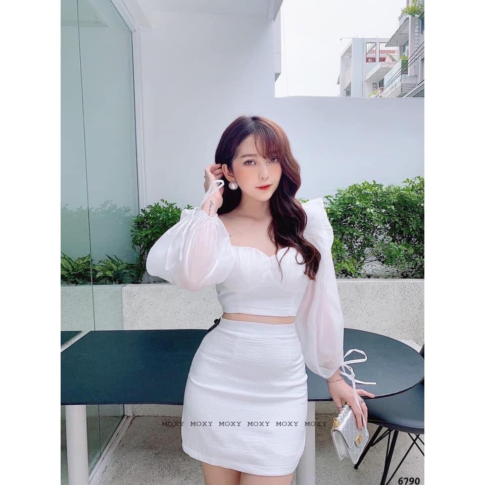 Set áo kiểu cổ v cúp ngực tay phồng