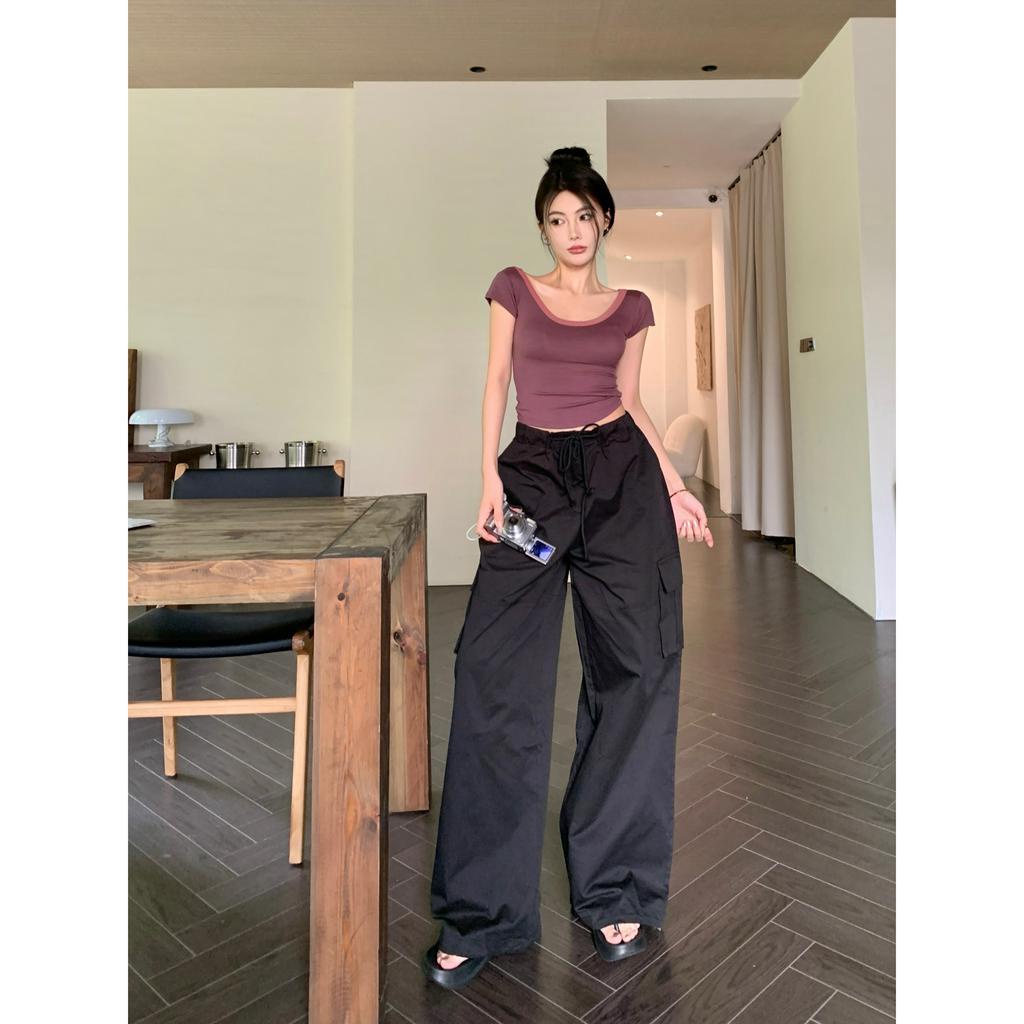 Set Áo Tay Ngắn Cổ Chữ u + Quần Lưng Cao Chất Liệu Co Giãn Tốt Kiểu Dáng Đơn Giản Thời Trang