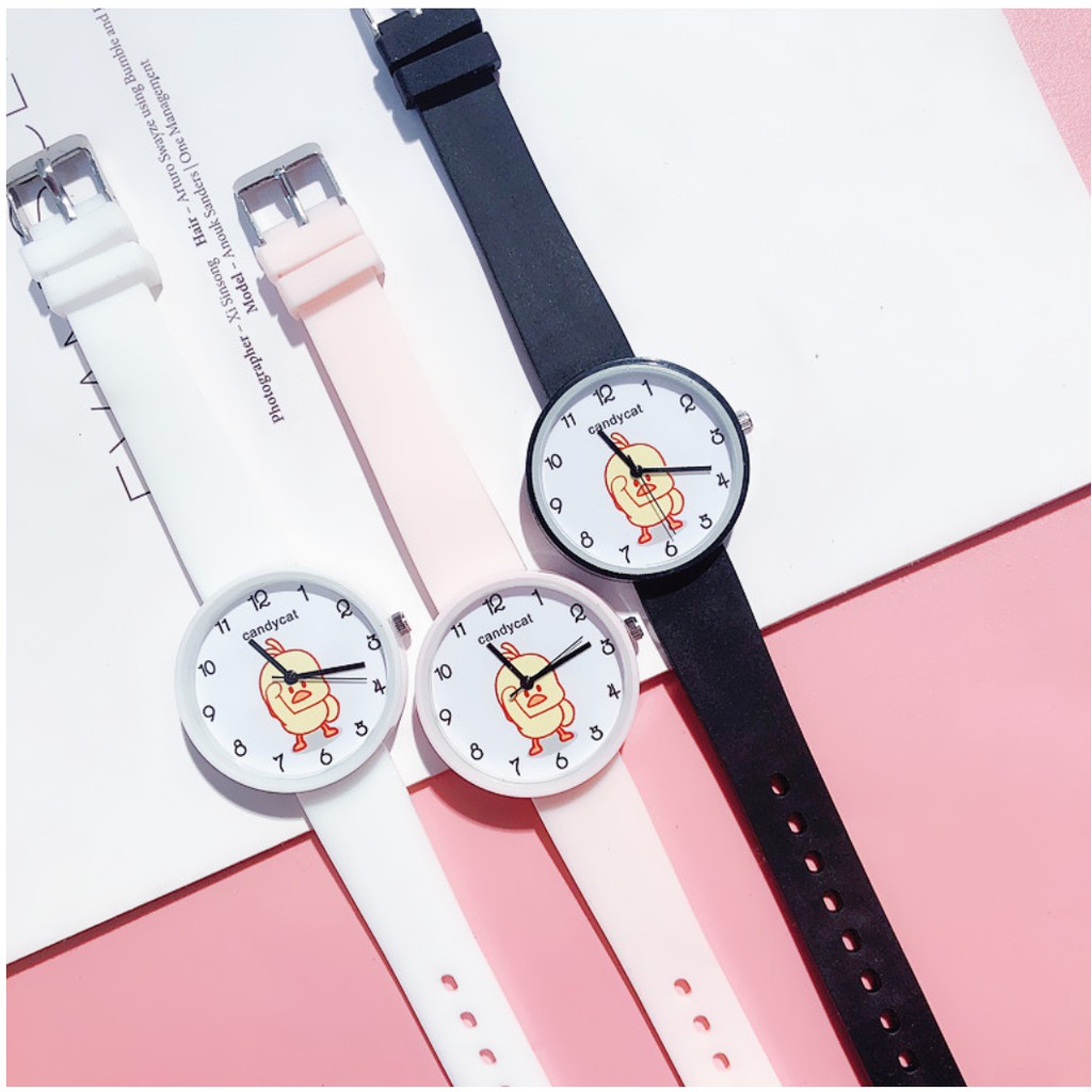 [Cực Đẹp] Đồng Hồ Nữ Dây Caosu Candycat Chú Vịt Vàng Phong Cách Hàn Quốc - Hazo