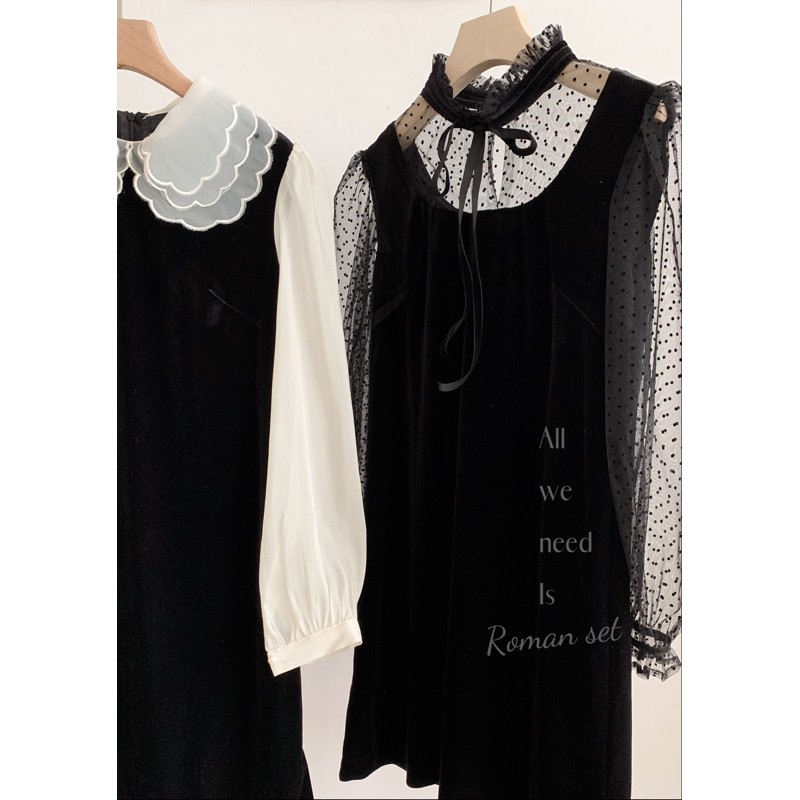 Váy xuông nhung cổ xếp nơ/Holiday item