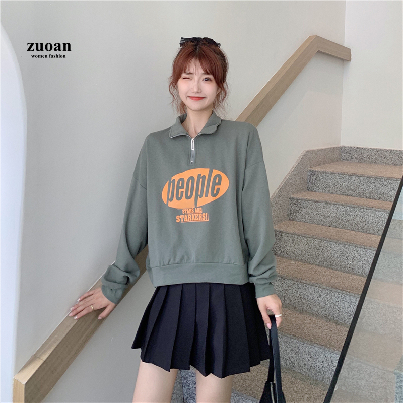 SUXI Áo sweater tay dài cổ đứng phối khóa kéo dành cho nữ