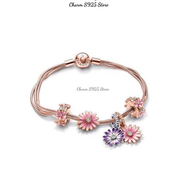 combo vòng tay charm + 5 hạt charm pan hoa cúc hồng tím mẫu hot hè 2021 bạc s925
