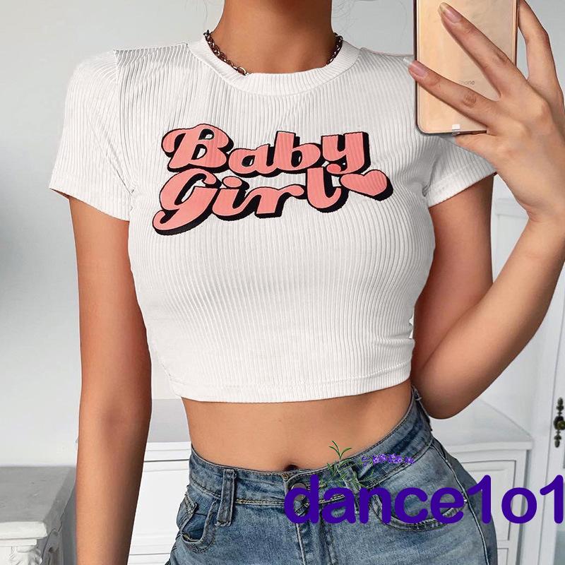 Áo croptop ngắn tay cổ tròn in chữ đáng yêu thời trang cho nữ