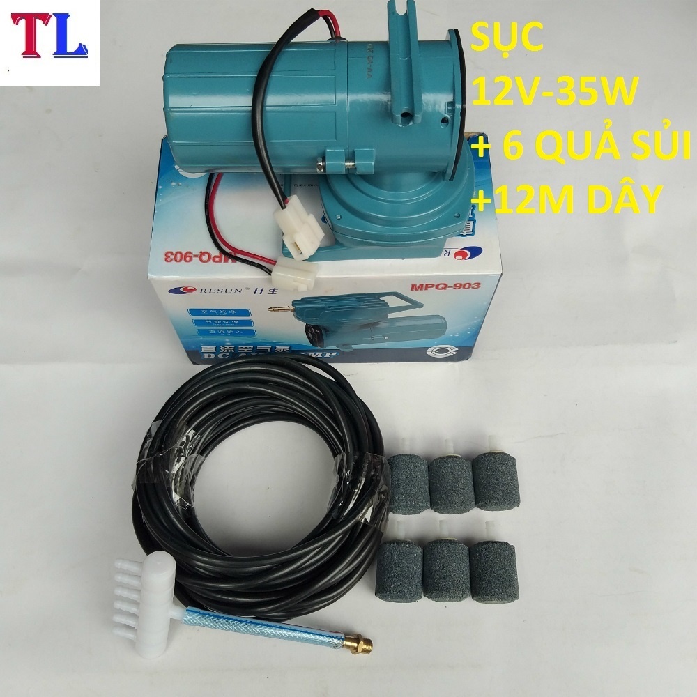 Máy sục tạo khí oxi bể cá 12v - 35w +12M dây + 6 quả sủi ❤️FREESHIP❤️ bộ sục cá 12v chạy bình ắc quy