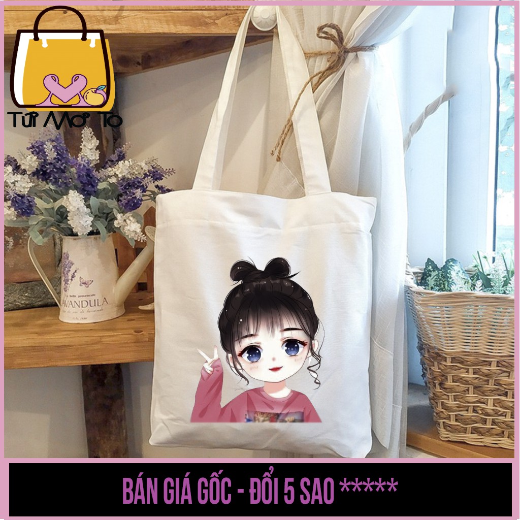 Túi tote VUÔNG có khóa kéo in hình CÔ CẬU BÉ dễ thương cute - Túi Mơ To store