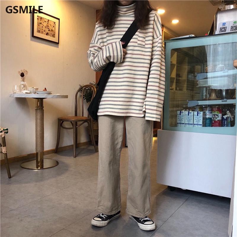 Áo thun nữ tay dài phối họa tiết sọc ngang cổ cao kiểu Hàn Quốc