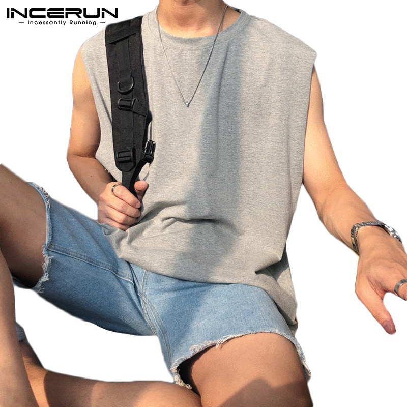 Áo thun nam INCERUN không tay đơn giản cổ tròn màu trơn thời trang