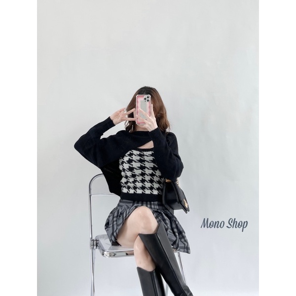 set áo len cutout kèm áo 2 dây ôm hoạt tiết ziczac bốn màu ( Ảnh thật/ sẵn) | BigBuy360 - bigbuy360.vn