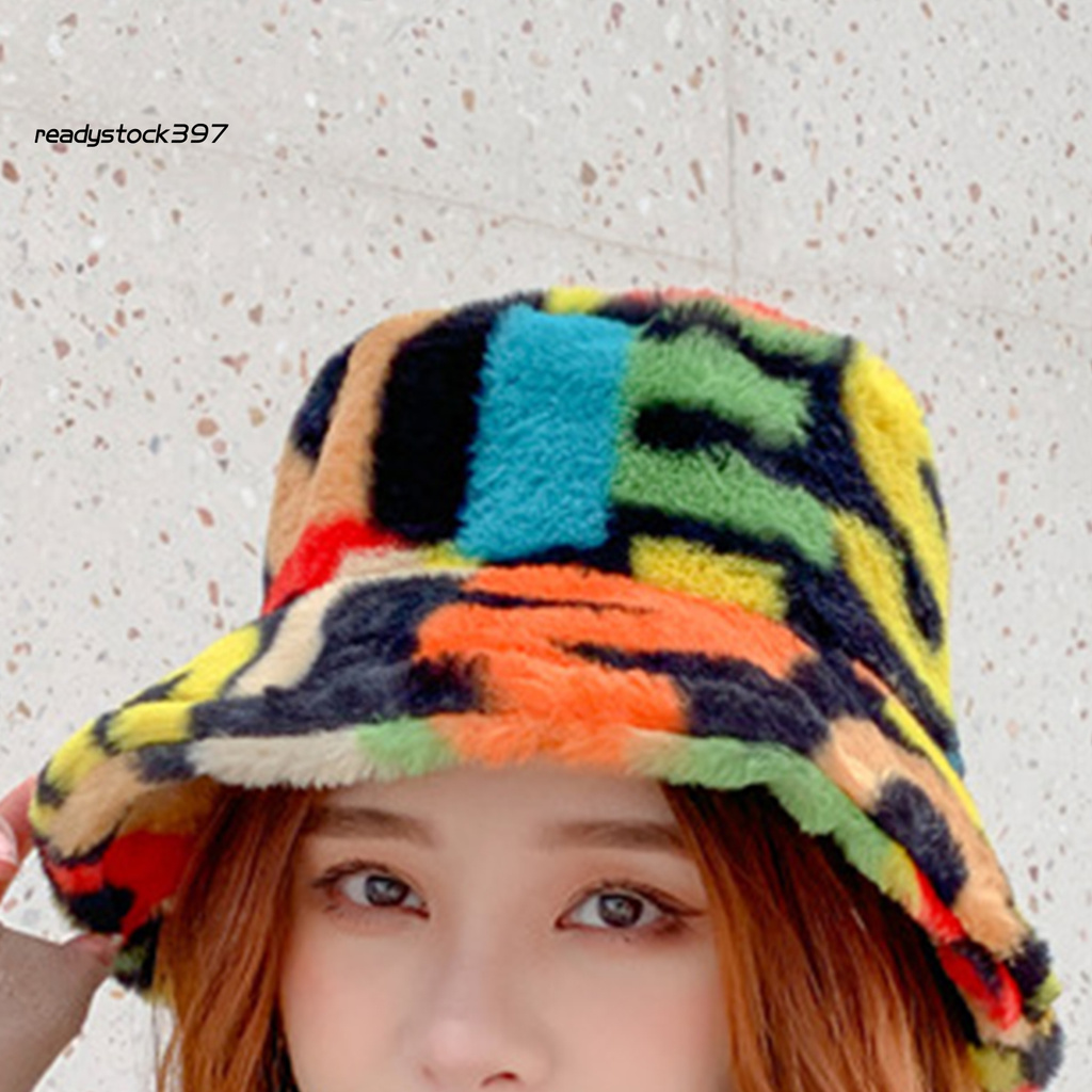 Re Multicolor Number Print Fishman Bucket Basin Hat Winter Outdoor Plush Warm Cap