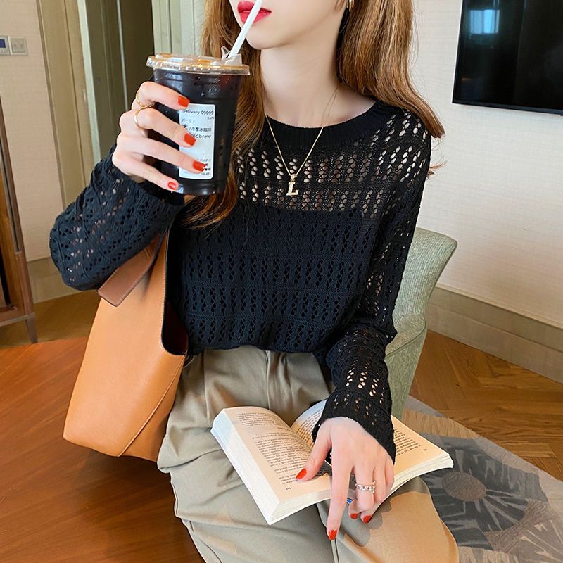 Áo Dệt Kim Mỏng Tay Dài Cổ Tròn Dáng Rộng Thời Trang Mùa Hè Phong Cách Mới Cho Nữ