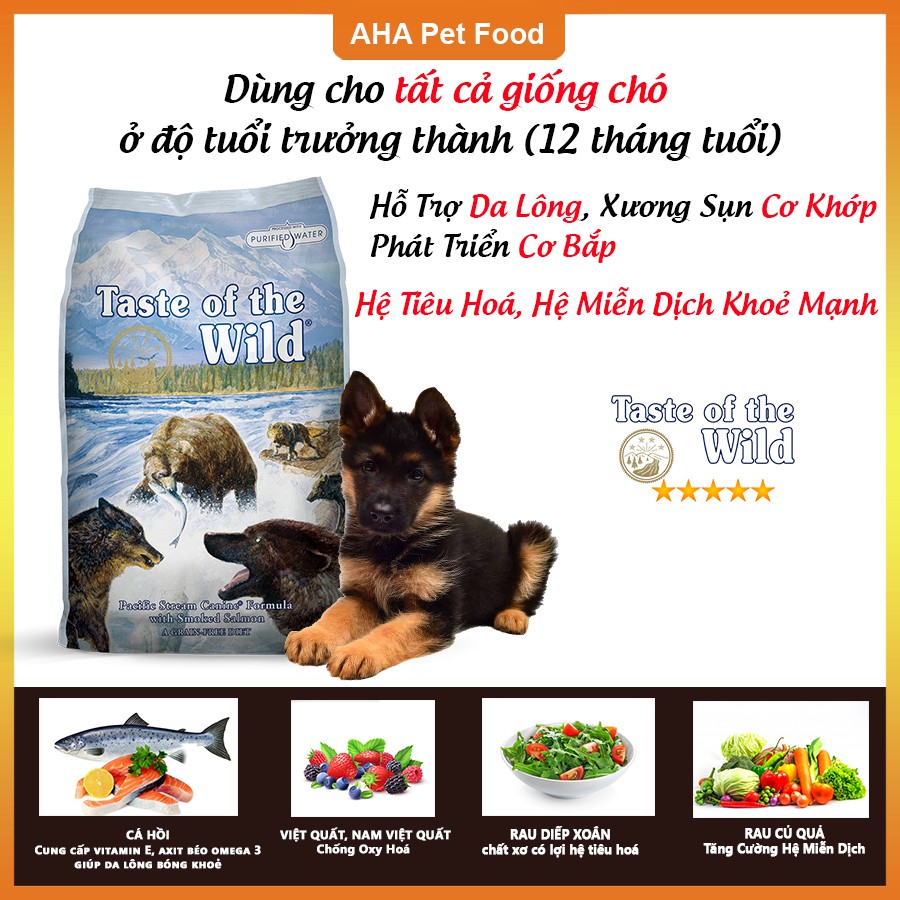 [Nhập Khẩu USA] Thức Ăn Cho Chó Becgie Taste Of The Wild Bao 2kg -  Pacific Stream Cá Hồi Xông Khói, Rau Củ Quả