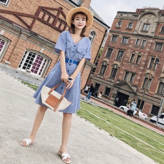 Đầm caro xanh nút xanh kèm belt
