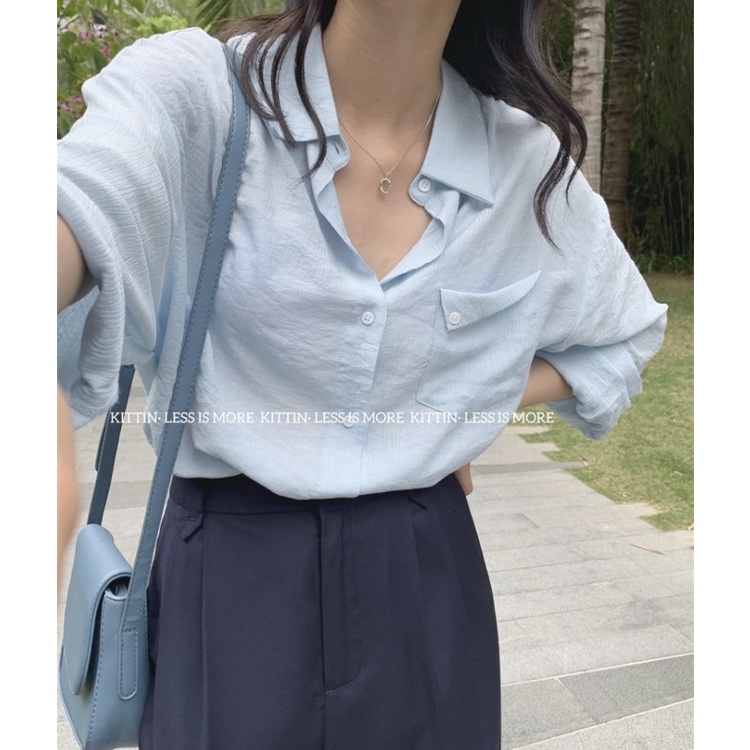 Áo sơ mi nữ dài tay túi lệch vải đũi nhăn màu Hàn Quốc