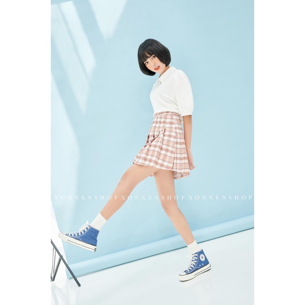 Chân váy xếp li caro phong cách Hàn Quốc Xonxen shop size s m l mã 8803
