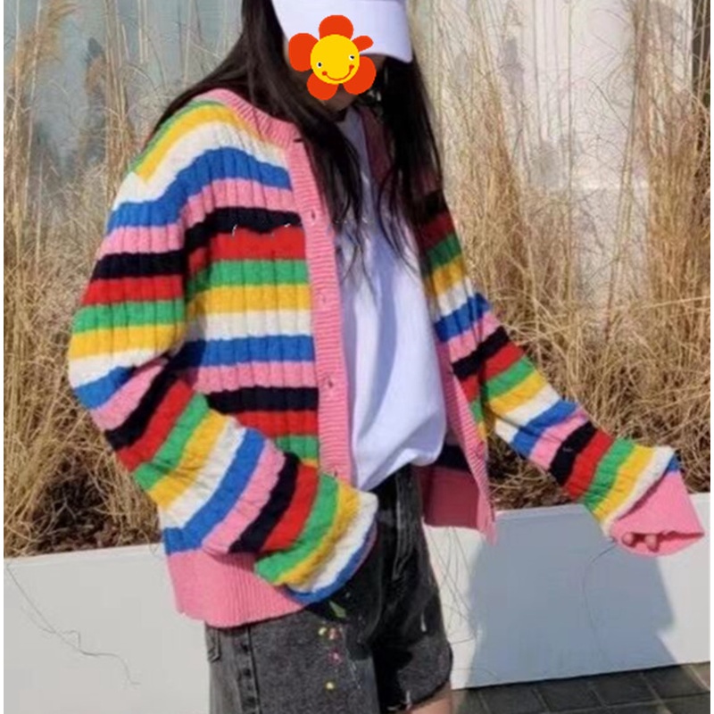DUNEA Áo Khoác Cardigan Dệt Kim Màu Cầu Vồng Xinh Xắn Cho Nữ