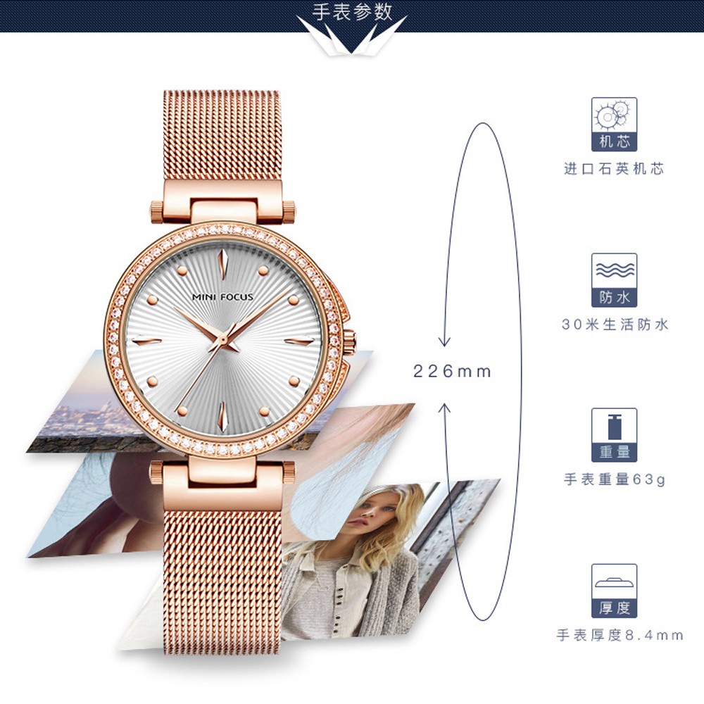 Đồng Hồ Đeo Tay MINI FOCUS Máy Quartz Đính Đá Chống Thấm Nước Thời Trang Cho Nữ