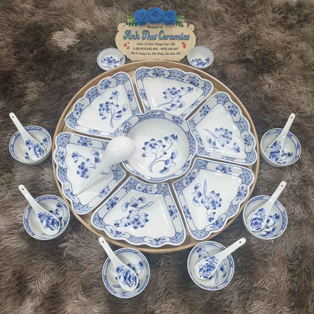 Bộ bát đĩa hoa mặt trời men gốm vẽ hoa sen cành viền tranh Bát Trànghàng chuẩn loại 1 decor bàn ăn dễ thương
