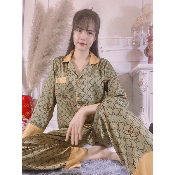 bộ pijama lụa qccc gucci xanh vàng | BigBuy360 - bigbuy360.vn