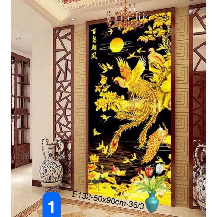 Tranh thêu kín Phượng Hoàng E132 (50x90cm), EDB132 (70x130cm) - tranh chưa thêu