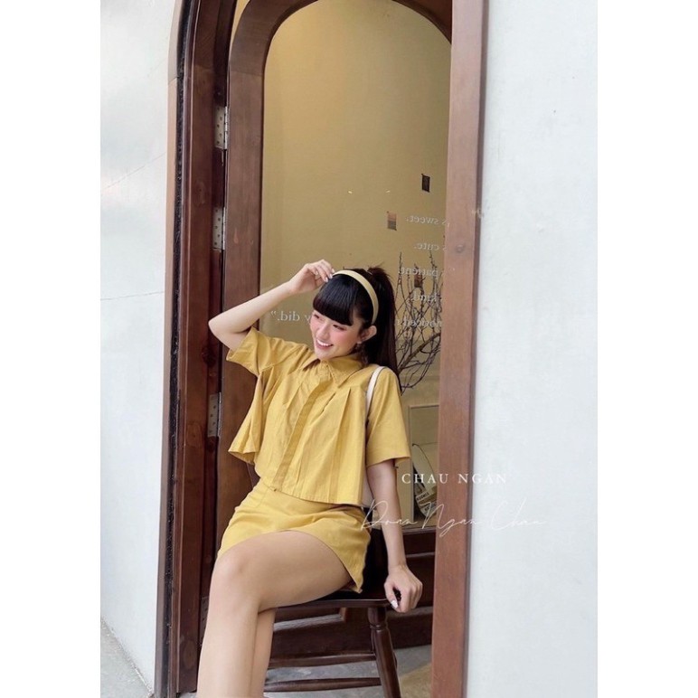 Đồ bộ nữ Set áo cánh dơi mix chân váy A màu vàng chất đũi lụa mềm mát mặc tôn dáng