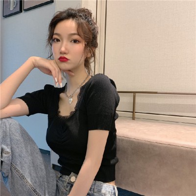 NRVP Áo tay ngắn cổ vuông phối ren kiểu dáng thời trang 2020 cho nữ