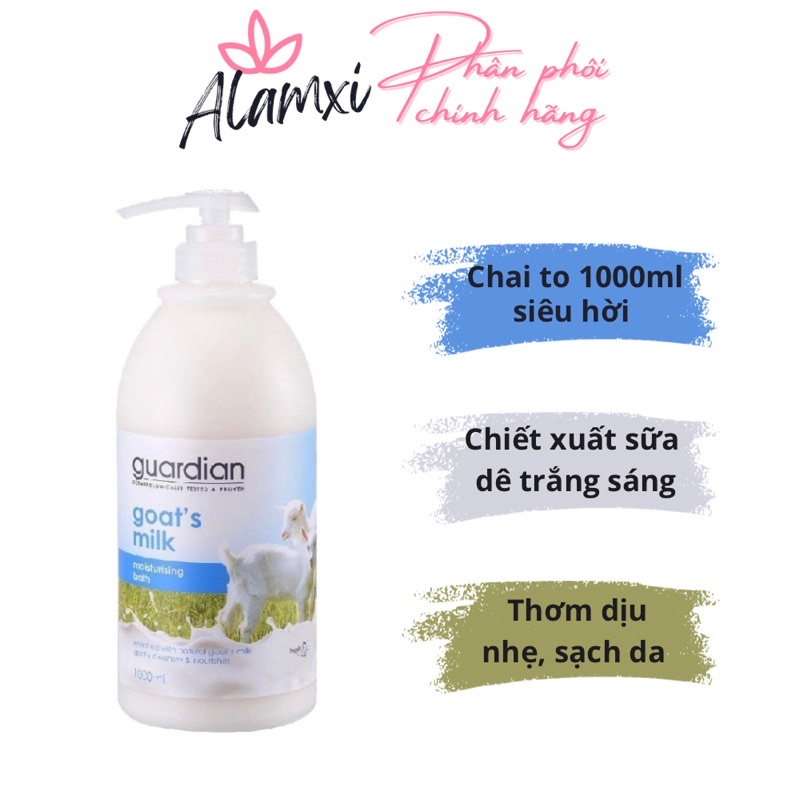 Sữa Tắm Trắng Da Dưỡng Ẩm Guardian Moisturising Shower Cream Goat’s Milk Chiết Xuất Sữa Dê 1000ml / 1L