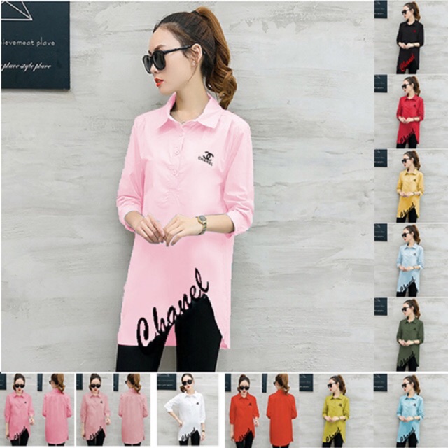 Áo sơ mi form dài tà lệch đủ màu tay lửng bao xinh
