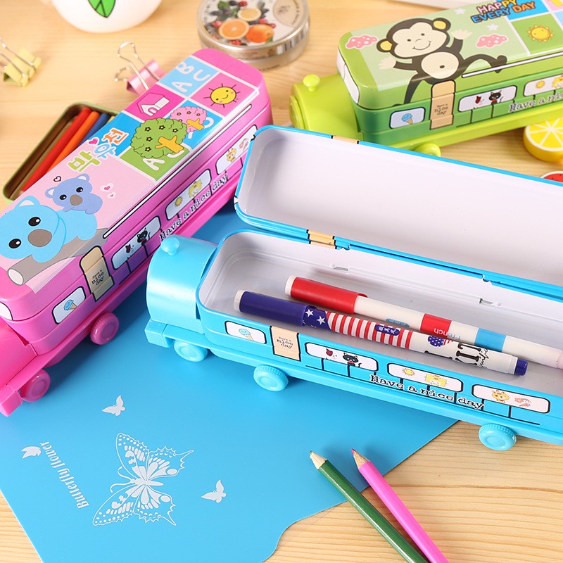 D06 Hộp đựng bút chì Thomas hoạt hình đa chức năng Hộp đựng bút chì trẻ em hộp thiếc hai lớp đầu máy xe lửa Hộp đựng bút