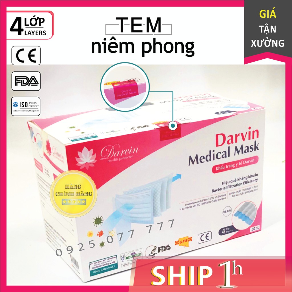 [CÓ VIDEO QUAY SP] Hộp 50 khẩu trang y tế 4 lớp kháng khuẩn cao cấp, khẩu trang chống bụi mịn BISOU, DRAVIN