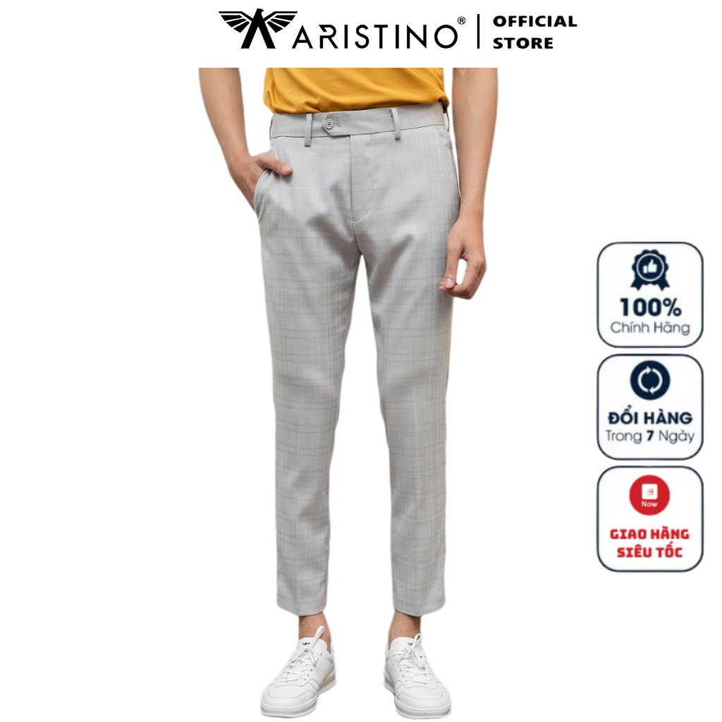 Quần Tây Nam Aristino ATR01701 Quần Âu Nam Màu Xám 18 Kẻ Form Dáng Cropped Chất Liệu Polyester