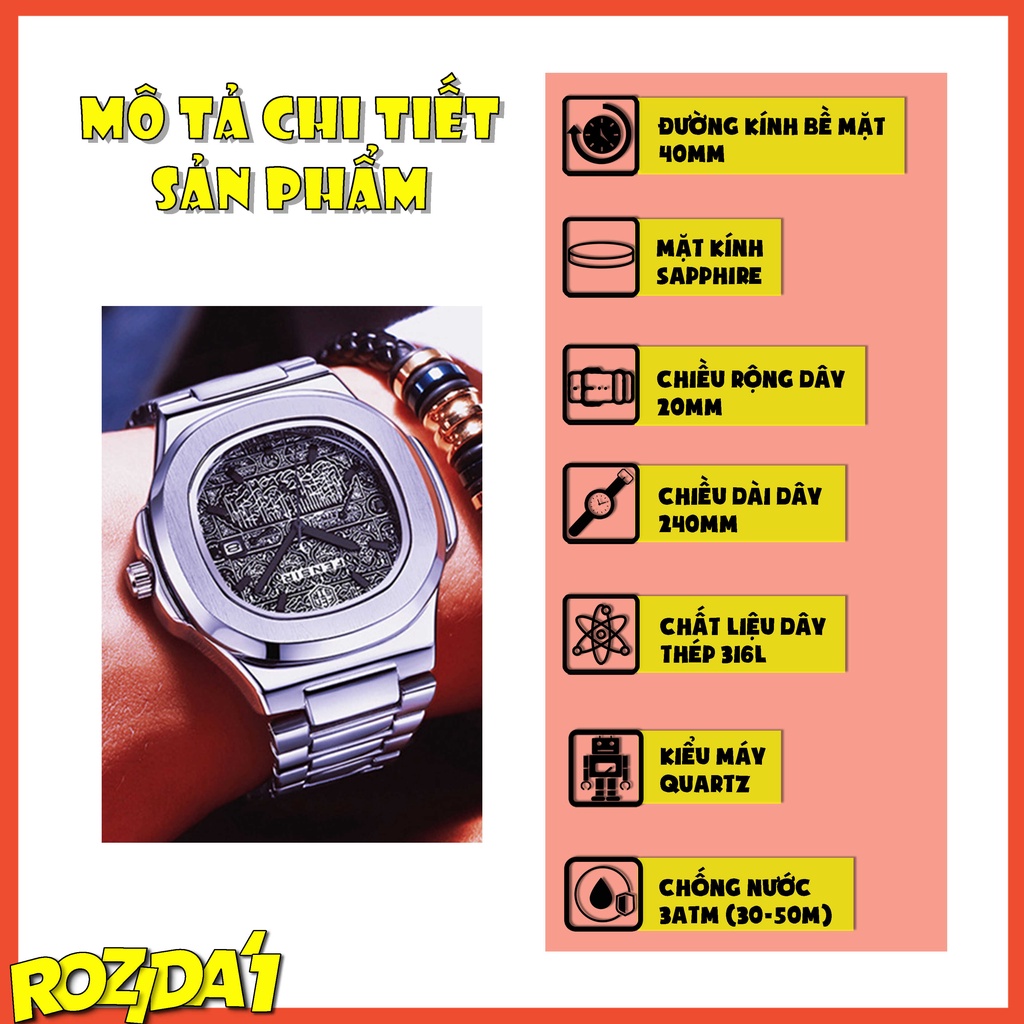 Đồng hồ nam chính hãng đẹp dây thép cao cấp mặt vuông thời trang họa tiết cổ điển chống nước Rozida'1 DH16 | WebRaoVat - webraovat.net.vn