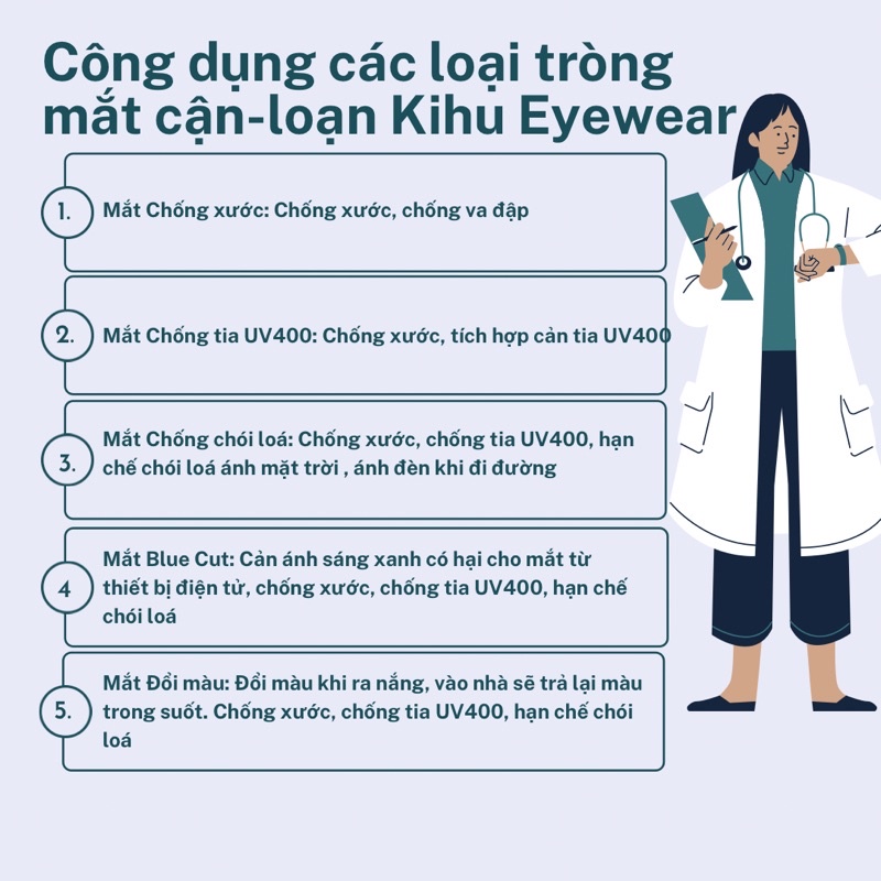 Tròng mắt cận loạn Kihu Eyewear chống ánh sáng xanh, tia UV, chống xước và hạn chế chói lóa