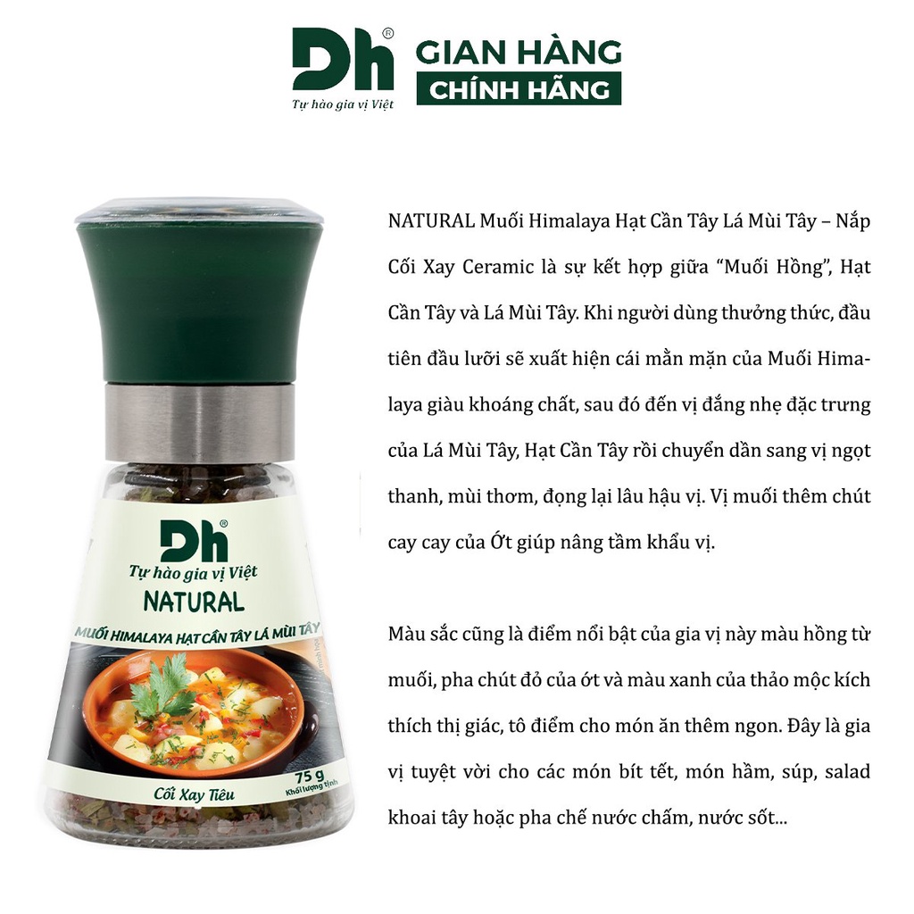 Muối Himalaya hạt cần tây lá mùi tây Natural DH Foods dạng cối xay gia vị 75gr