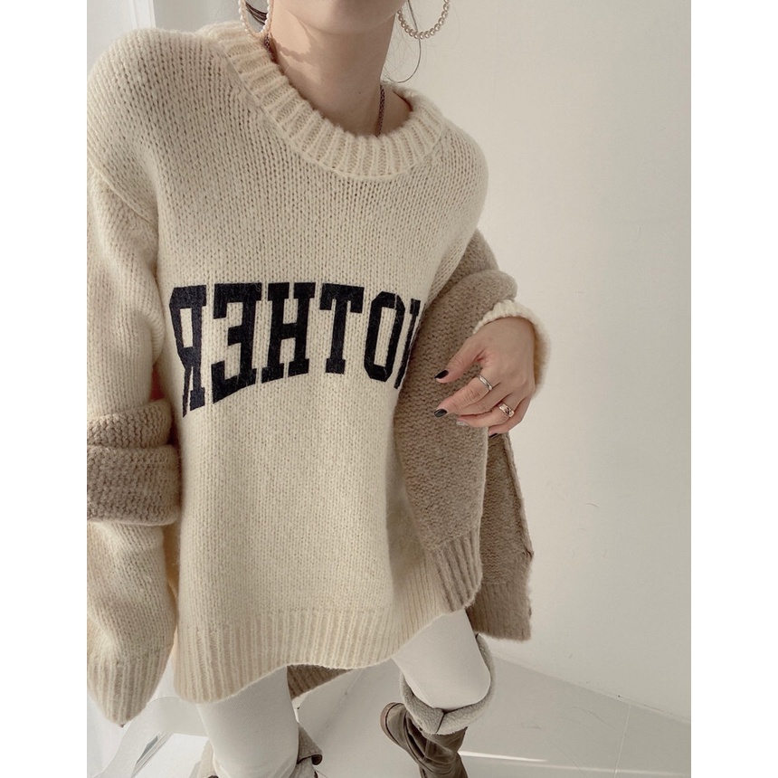 Porozi  Áo sweater nữ cổ tròn dáng rộng in chữ kiểu Hàn Quốc