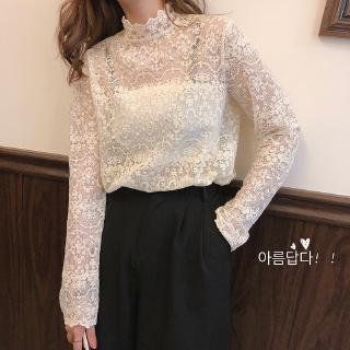 Áo Thun Cổ Cao Tay Dài Phối Ren Mỏng Xuyên Thấu Thêu Họa Tiết Dễ Thương Thời Trang Thu Đông Hàn Quốc Cho Nữ