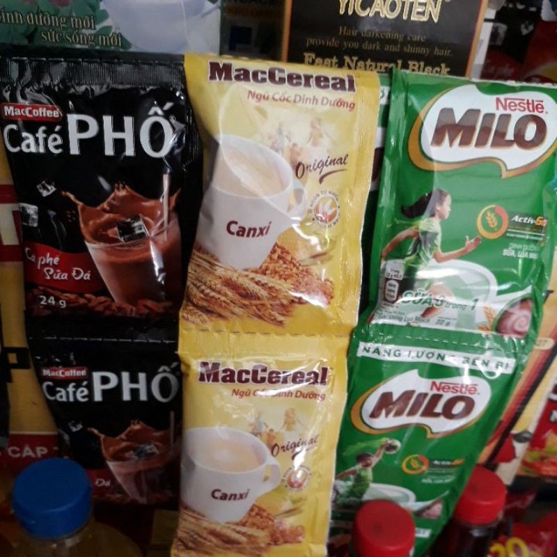 1 gói ngũ cốc dinh dưỡng Maccereal Canxi hoặc là milo. cafe phố