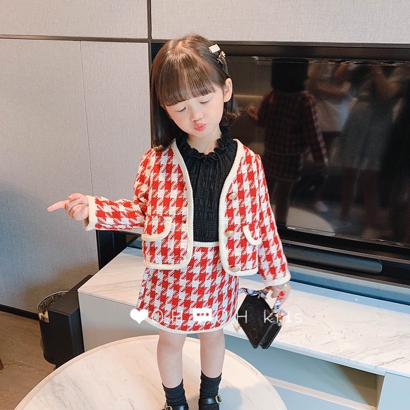 Set Áo Khoác Dạ Kèm Chân Váy Dạ Cho Bé Gái Size Đại Mùa Thu Đông