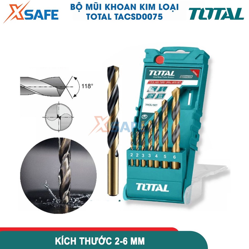 Bộ 7 mũi khoan kim lại hss Total TACSD0075, kích thước 2mm, 2mm, 3mm, 3mm, 4mm, 5mm, 6mm, đóng gói hộp nhựa