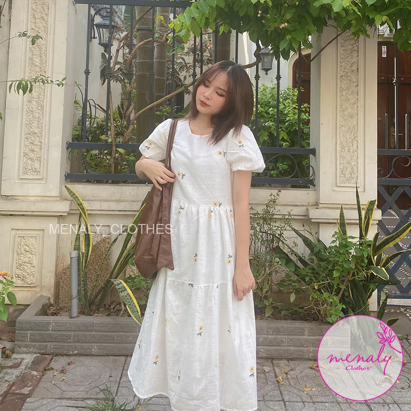 Đầm váy babydoll hoa nhí dáng dài tay bồng VH039, mẫu váy hoa cúc vintage qua gối bầu bí bon chen được