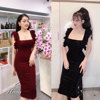 [HINOIS] Đầm Dự Tiệc Body CÓ MÚT NGỰC Chất Liệu Nhung Tay Cánh Tiên, 2 màu Đỏ, Đen SIÊU XINH - KÈM HÌNH THẬT