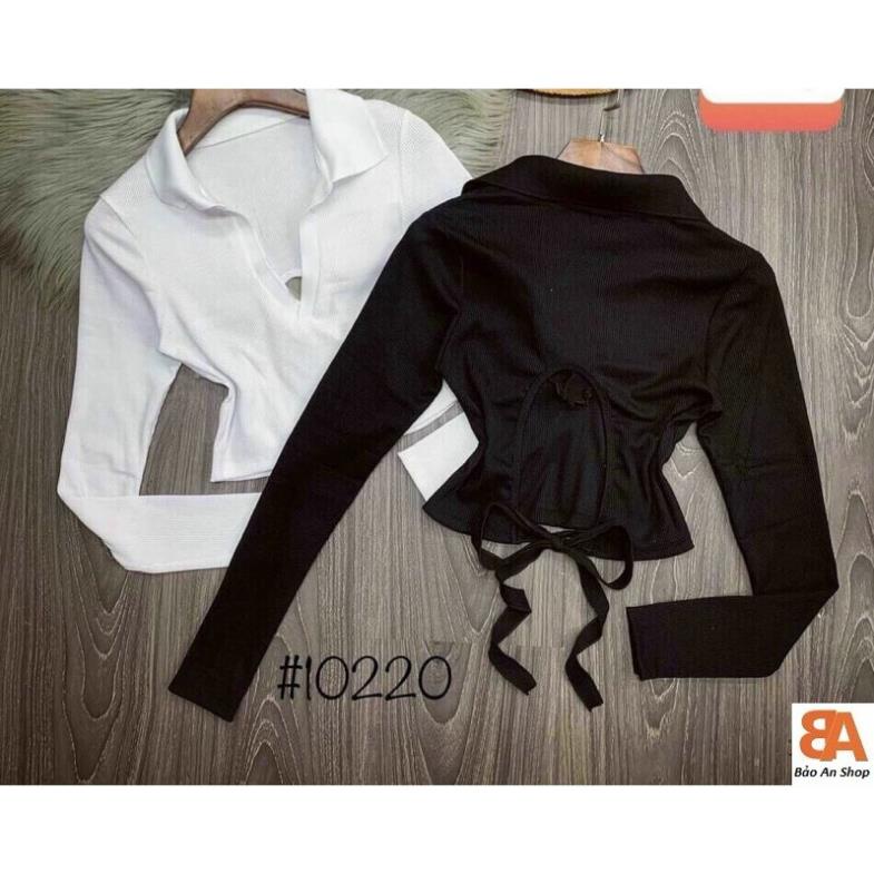 Áo croptop cổ bẻ cột lưng tay dài Free Size dưới 52kg dành cho nữ [Hàng Đẹp] | BigBuy360 - bigbuy360.vn